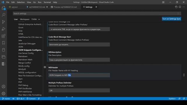 Configuration of VS Code JSON snippets to Markdown File Documentation | VS Code Extension