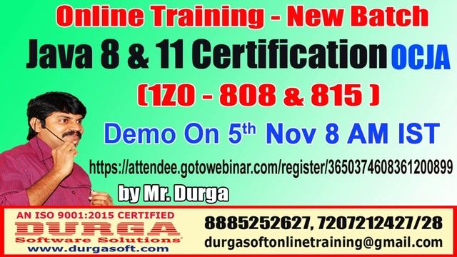 Java Certification 8 & 11 OCJA (1Z0 - 808 & 815 ) Online Training by Durga sir on 5th Nov @ 8 AM IS смотреть онлайн