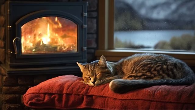 Relax with Purring Cat, Crackling Fireplace and Rain sound 4K ? Sleep in Cozy Ambience смотреть онлайн