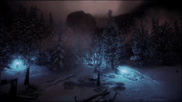 Сказочный зимний лес, где всю ночь идет снег и дуют сильный зимний ветер для вашего сна