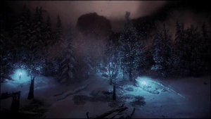 Сказочный зимний лес, где всю ночь идет снег и дуют сильный зимний ветер для вашего сна