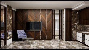 Дизайн проект квартиры студии. Кухня совмещенная с гостиной.