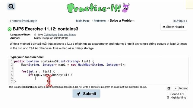 Java Practice It | Exercise 11.12: contains3 | collections, lists, sets and maps, hashmap смотреть онлайн
