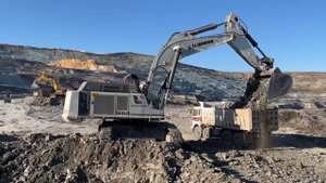 Liebherr 984 Excavator Loading Mercedes And MAN Trucks With Two Passes - Labrianidis Mining Works
