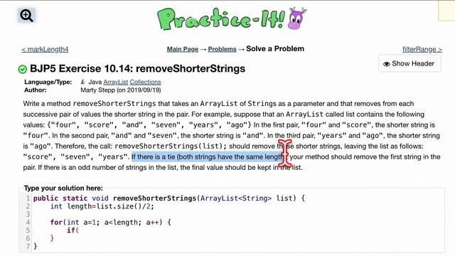 Java Practice It | Exercise 10.14: removeShorterStrings (1) | ArrayList, collections, array list