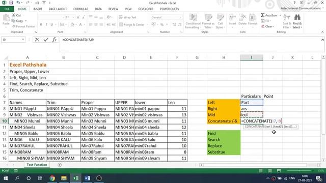 Text Function (Excel)  -  Trim, Concatenate, &, Proper, Find, Substitute, Concatenate