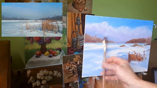Живопись маслом для начинающих. Зимняя река. Мастер-класс.