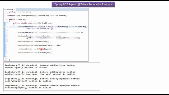 Spring AOP AspectJ @Before Annotation Example [Apply to multiple methods] | Spring Tutorial