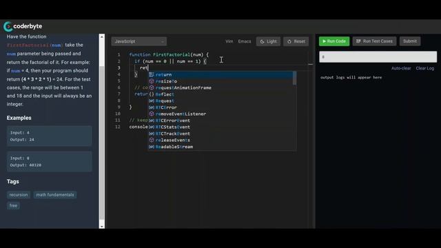 Factorial in JavaScript - CoderByte
