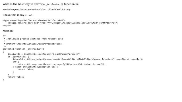 Magento: What is the best way to override _initProduct() in module-checkoutControllerCartAdd.php смотреть онлайн