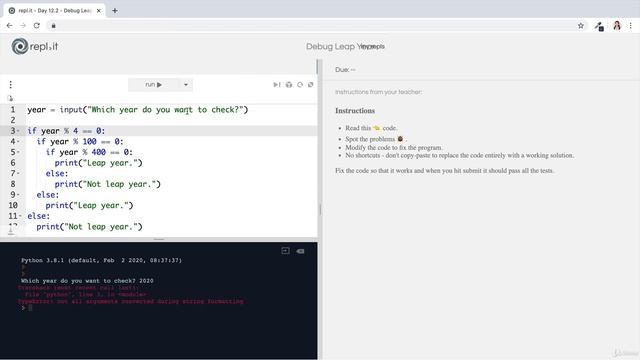 [Interactive Coding Exercise] Debugging Leap Year | The Complete Python Pro Bootcamp for 2022