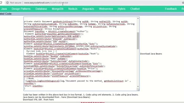 Java code generator; Java Code at www.easycodeforall.com; XML Processing Java Code;  Free Java Code