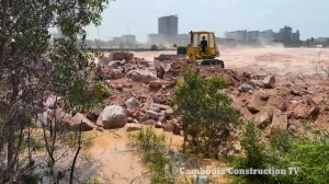 Amazing Equipment Landfill Develop Area By Dozer KOMATSU D61P Pushing Big Stone with Truck Unloadin