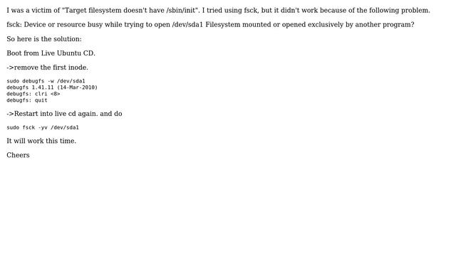 Ubuntu: "error: no init found. Try passing init=bootarg" error after power failure during boot