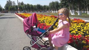 Мира гуляет с коляской и малышом