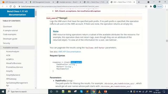 List IAM users using boto 3 client method | boto 3 client method | what is boto 3 client смотреть онлайн