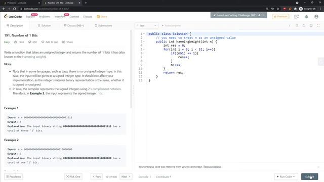 LeetCode 191 | Number of 1 Bits | Shift | Java смотреть онлайн
