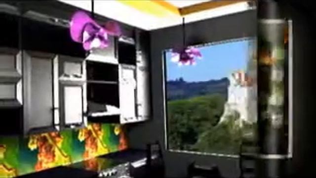 оранжево-черный дизайн кухни с светло-зелеными стенами интерьера смотреть онлайн