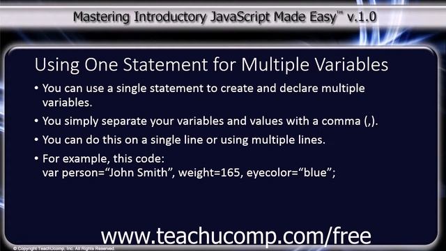 JavaScript Training Tutorial Using One Statement for Multiple Variables
