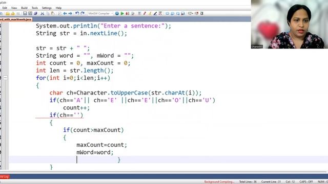 Java program to print the word with maximum no of vowels | Vowel Sentence Java Program |TechVidya смотреть онлайн