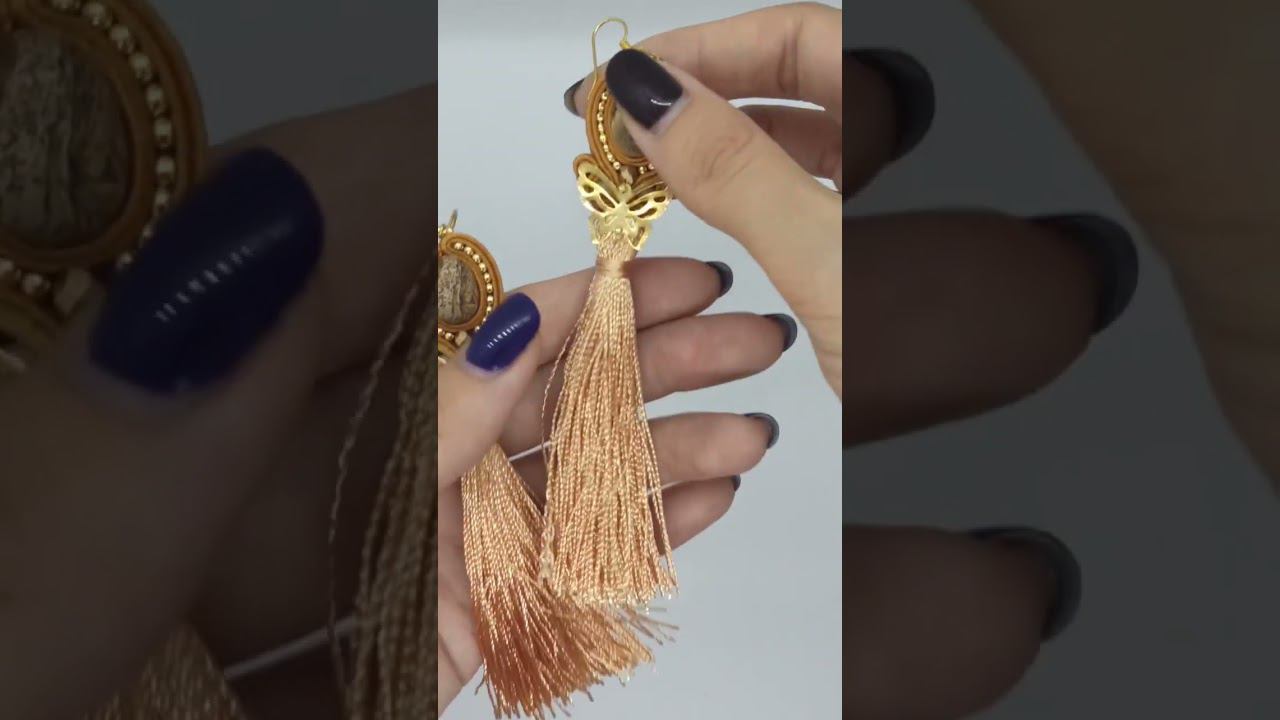 Серьги-кисти Золотистые длинные из сутажа с бабочками и яшмой смотреть онлайн