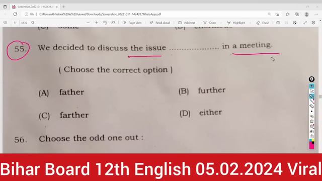 12th English 05.02.2024 Answer Key 2024  | 12th English Answer Key 2024 set a to set j-Bihar Board