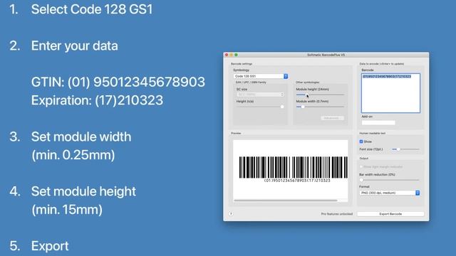 How to create a Code 128 GS1 barcode with GTIN and expiration date