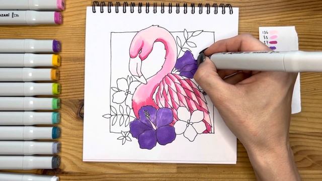 Рисунок скетч маркерами "Фламинго" для скетчбука | Срисовка картинки для начинающих