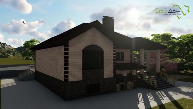 Франк B-237. Проект одноэтажного дома с цокольным этажом, на 2 спальни, с террасой смотреть онлайн