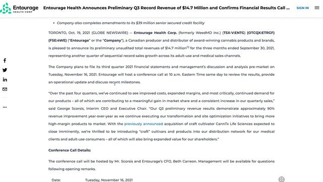 ENTG stock Entourage Health Stock смотреть онлайн