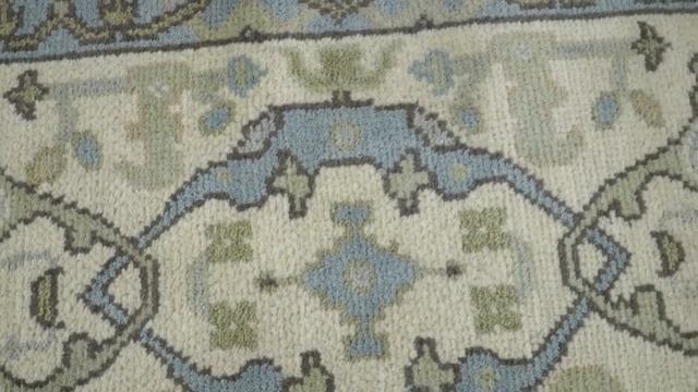Hand Knotted 10 feet Oushak Runner Ivory and Blue Wool Area Rug | TRDCP622610 смотреть онлайн