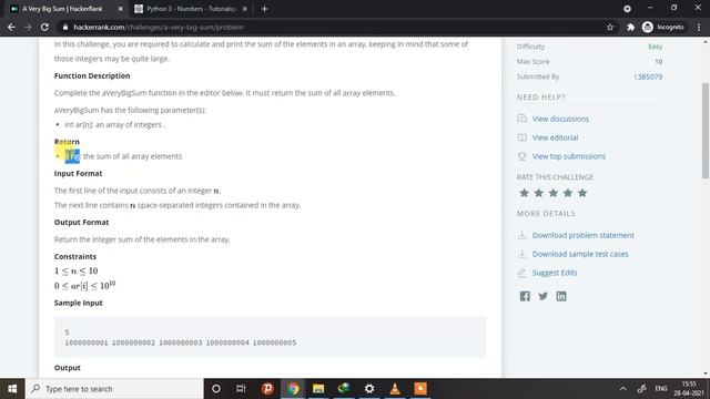 #4 A Very Big Sum | Problem Solving | Hackerrank | Python