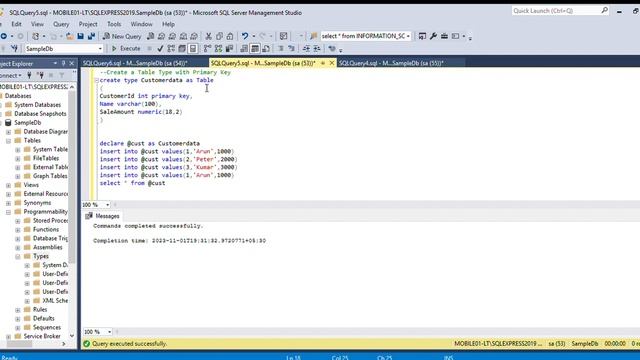 How to create User Defined Table types in Sql