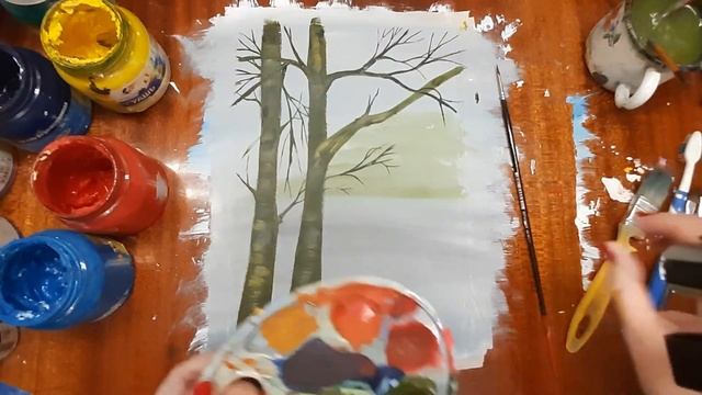 Как нарисовать снегопад. Рисуем скворечник на дереве. Нарисуем дерево зимой. Зимний пейзаж. смотреть онлайн