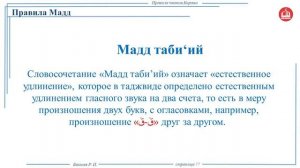 Правила чтения Корана. Тема: Правило удлинения и его разделы (Мадд таби'ий).