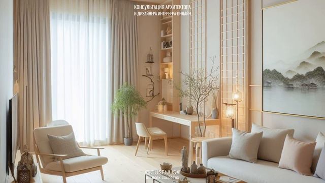 Гостиная в двухкомнатной квартире в стиле Джапанди.  Уют в фиолетовом оттенке.