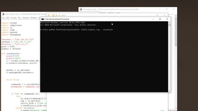 python hack #8 reverse shell espionage cmd fichier  py en  exe   pyinstaller part1