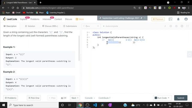 LeetCode 32. Longest Valid Parentheses (Hard) | Dynamic Programming | C++ смотреть онлайн