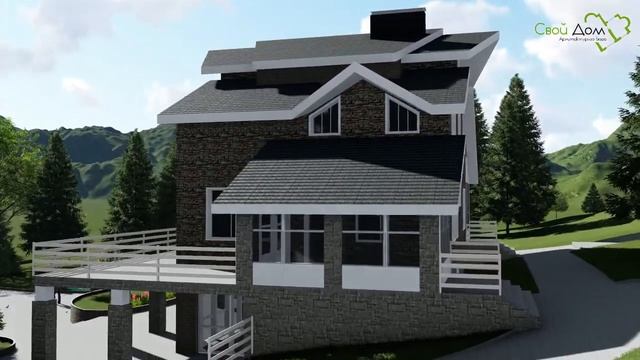 Проект одноэтажного коттеджа Русские Альпы F-054 с мансардой, кабинетом, бильярдной, спортзалом смотреть онлайн