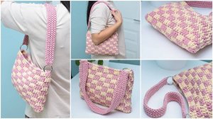 Сумочка из трикотажной пряжи Узор шахматная доска