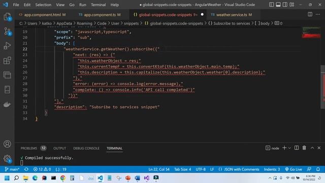 Custom snippets in VS Code. Example - subscribe snippet for Angular.