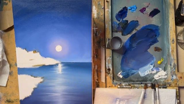 НОЧНОЙ МОРСКОЙ ПЕЙЗАЖ С ЛУННОЙ ДОРОЖКОЙ | Как нарисовать лунную дорожку | OIL PAINTING TIME LAPS