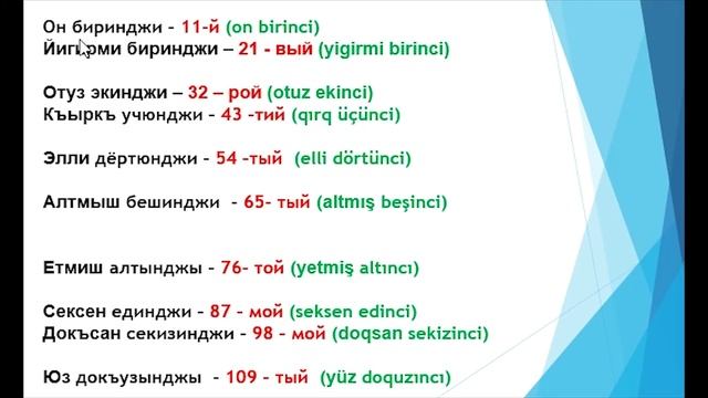 Урок 36. КРЫМСКОТАТАРСКИЙ ЯЗЫК. ПОРЯДКОВЫЕ ЧИСЛИТЕЛЬНЫЕ