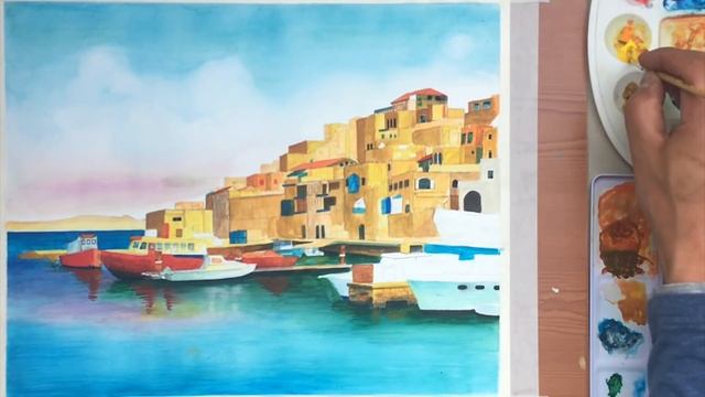 How to paint a Harbour and boats watercolor by David Soekana