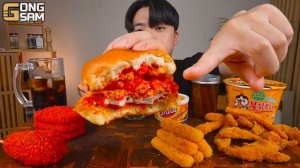 ASMR MUKBANG 직접 만든 치토스 햄버거 치즈스틱 불닭볶음면 핫도그 먹방 & 레시피 FIRE NOODLES AND BURGER EATIN