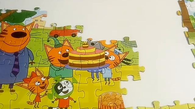 Праздничный торт. Три Кота. Собираем пазлы для детей с героями детских мультфильмов.