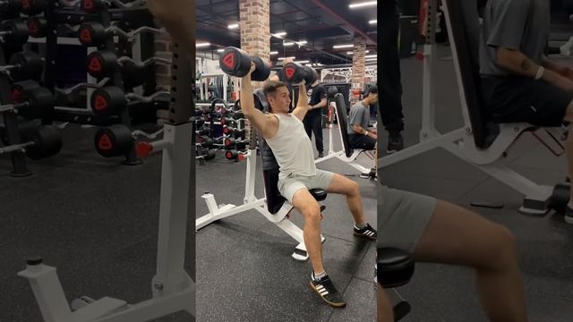 Подъем гантелей сидя по 30 кг на плечи ?? #плечи #качаем #sports #shortsvideo