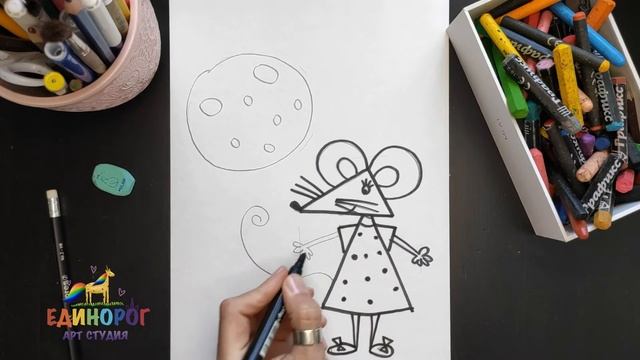 Учимся рисовать мышку масленой пастелью / урок рисования для детей легко и просто