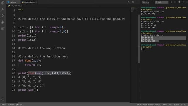One Liners In Python | Dot Product In One Line | 2020