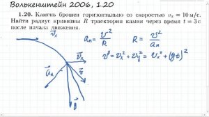 Камень брошен горизонтально, надо искать радиус кривизны траектории. (Волькенштейн 1.20)